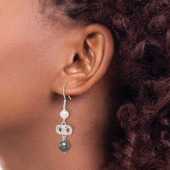 QE5083 Sterling Silver Polished Grey & White Glass Pearl Infinity Dangle Earrings