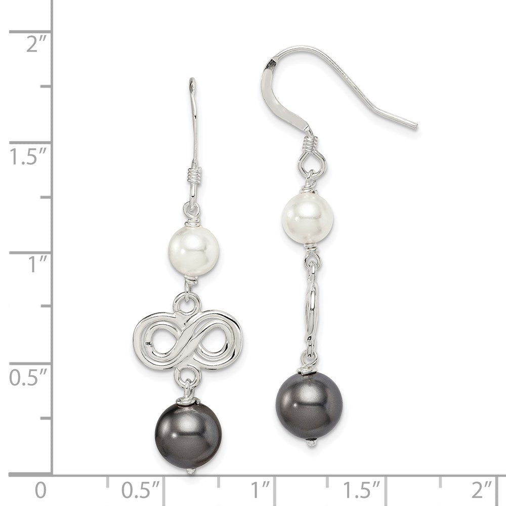 QE5083 Sterling Silver Polished Grey & White Glass Pearl Infinity Dangle Earrings