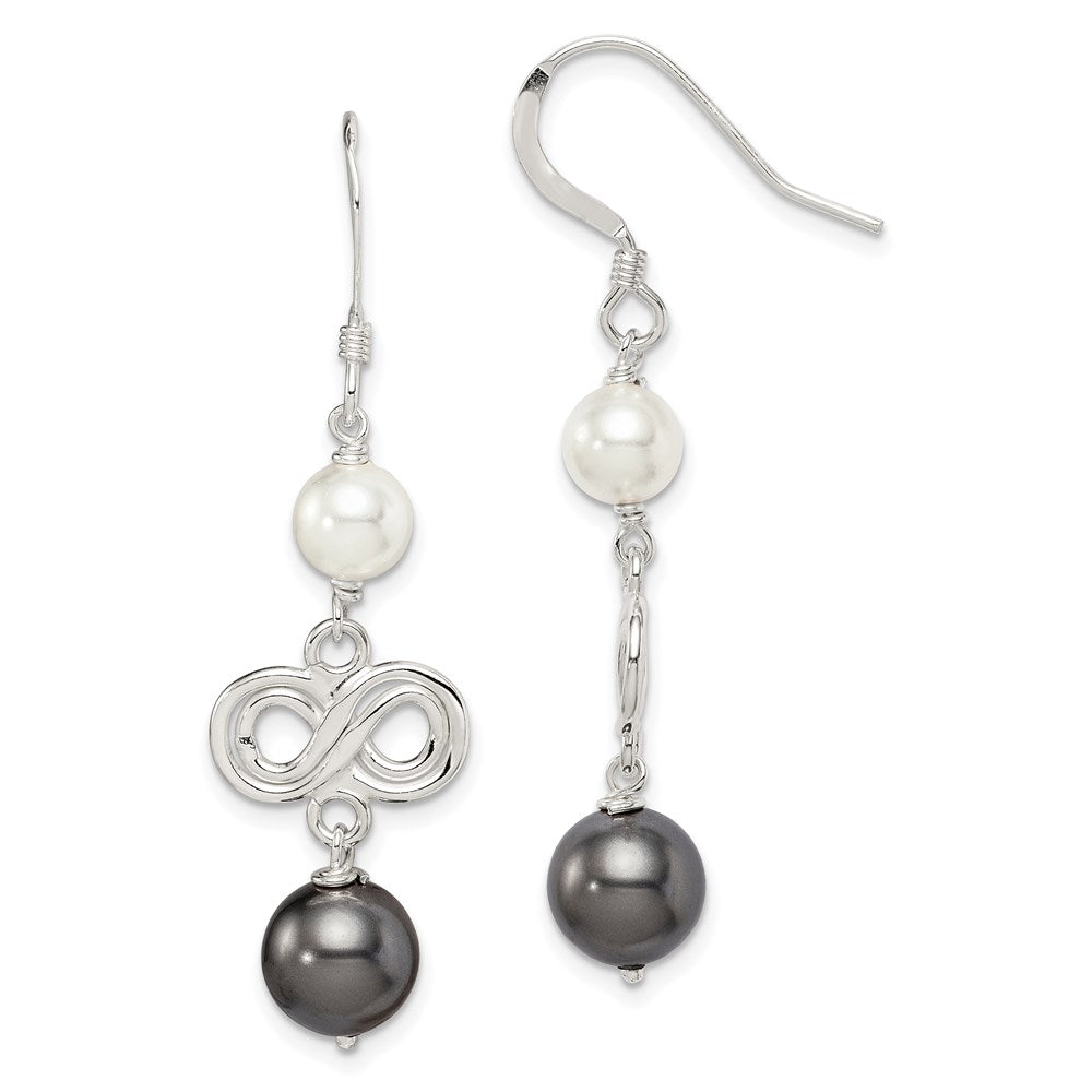 QE5083 Sterling Silver Polished Grey & White Glass Pearl Infinity Dangle Earrings