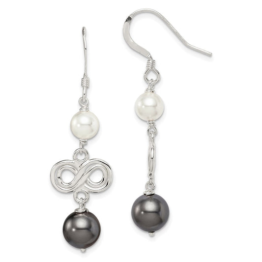 QE5083 Sterling Silver Polished Grey & White Glass Pearl Infinity Dangle Earrings