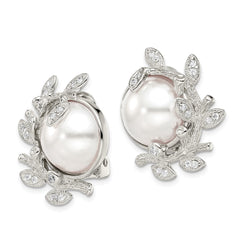 QE5107 Sterling Silver Polished & Textured Fancy Imitation Pearl & CZ Leaf Non Pierced Earrings