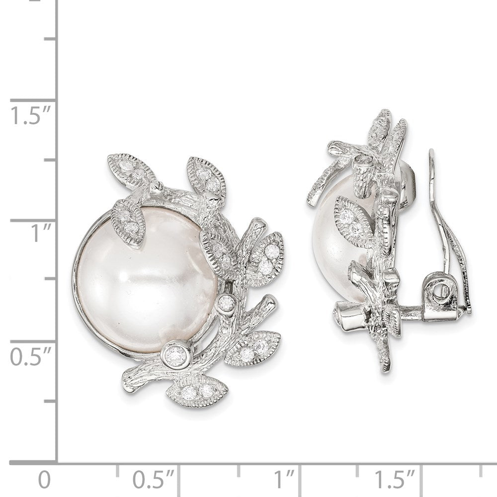 QE5107 Sterling Silver Polished & Textured Fancy Imitation Pearl & CZ Leaf Non Pierced Earrings