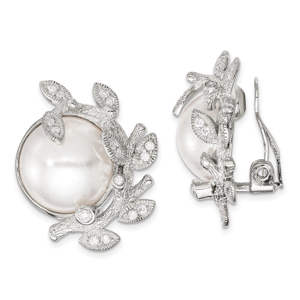 QE5107 Sterling Silver Polished & Textured Fancy Imitation Pearl & CZ Leaf Non Pierced Earrings