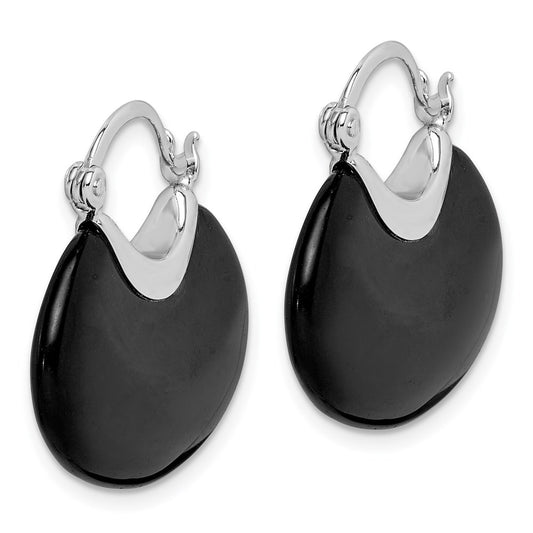 QE5132 Sterling Silver Rhodium-plated Polished Onyx Hoop Earrings