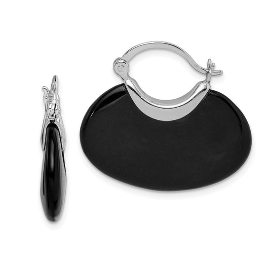 QE5132 Sterling Silver Rhodium-plated Polished Onyx Hoop Earrings