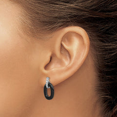 QE5143 Sterling Silver Rhod-plated Polished Onyx & CZ Oval Post Dangle Earrings