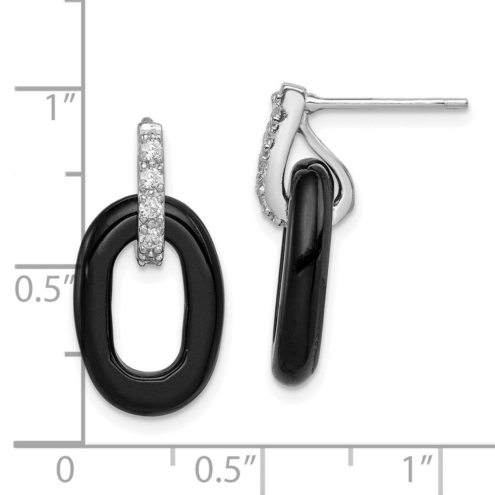 QE5143 Sterling Silver Rhod-plated Polished Onyx & CZ Oval Post Dangle Earrings