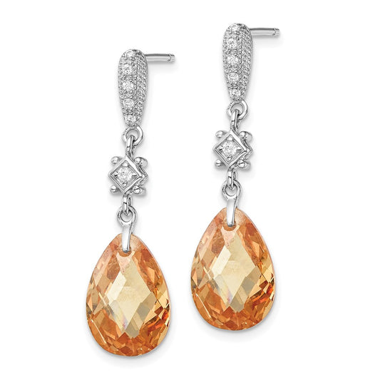QE5192 Sterling Silver Rhodium-plated Polished & Textured Champagne & White CZ Teardrop Post Dangle Earrings