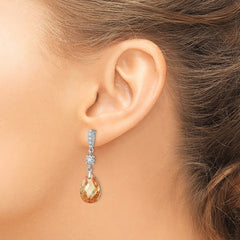 QE5192 Sterling Silver Rhodium-plated Polished & Textured Champagne & White CZ Teardrop Post Dangle Earrings