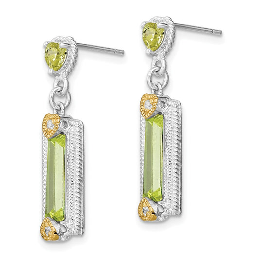 QE5209 Sterling Silver w/ Gold-tone Vermeil Polished & Textured Light Green CZ Hearts Post Dangle Earrings