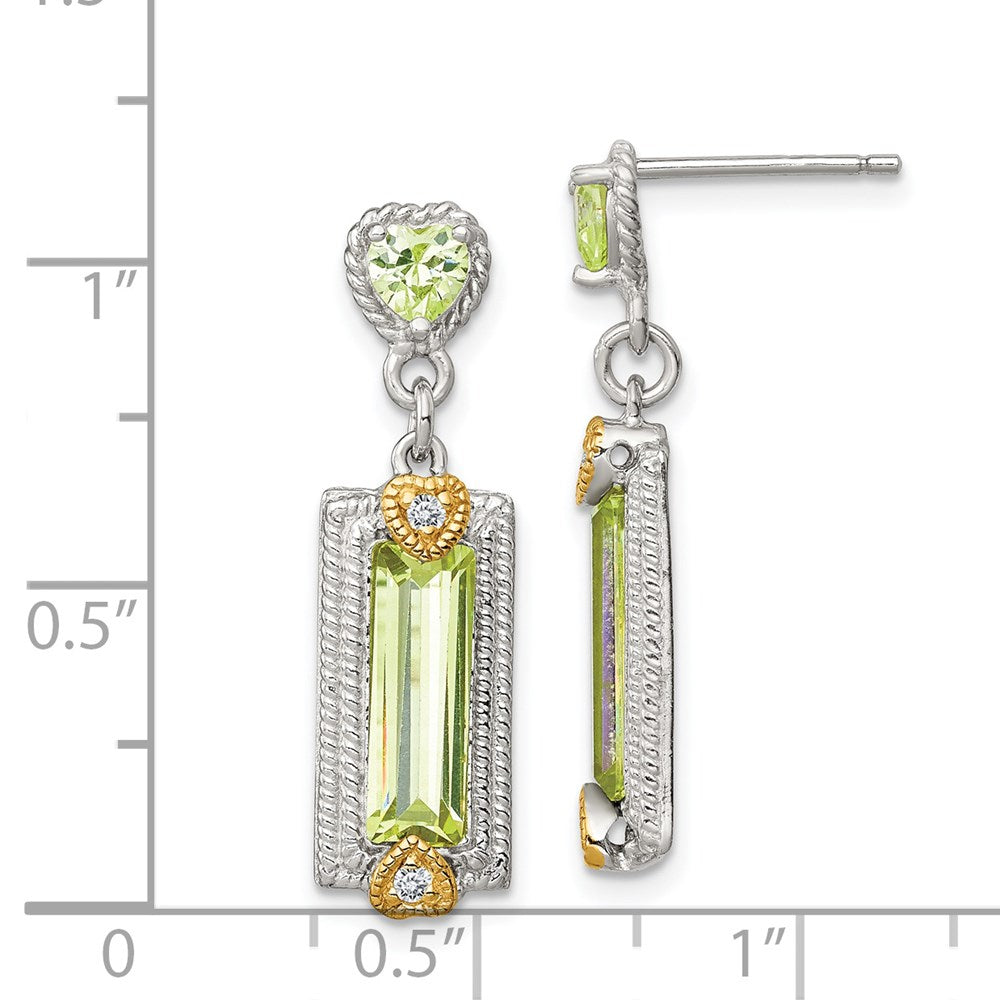 QE5209 Sterling Silver w/ Gold-tone Vermeil Polished & Textured Light Green CZ Hearts Post Dangle Earrings