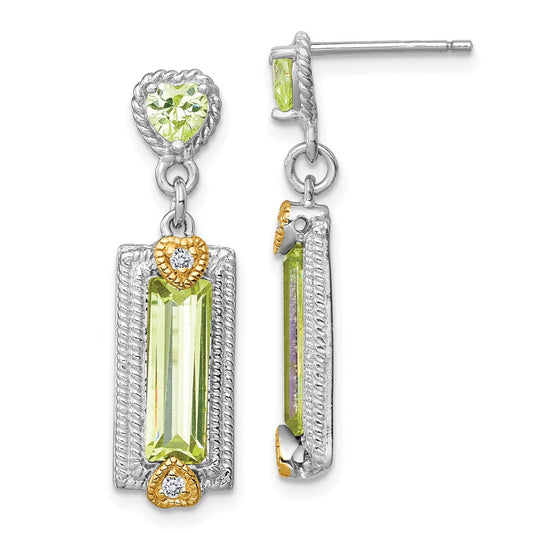 QE5209 Sterling Silver w/ Gold-tone Vermeil Polished & Textured Light Green CZ Hearts Post Dangle Earrings