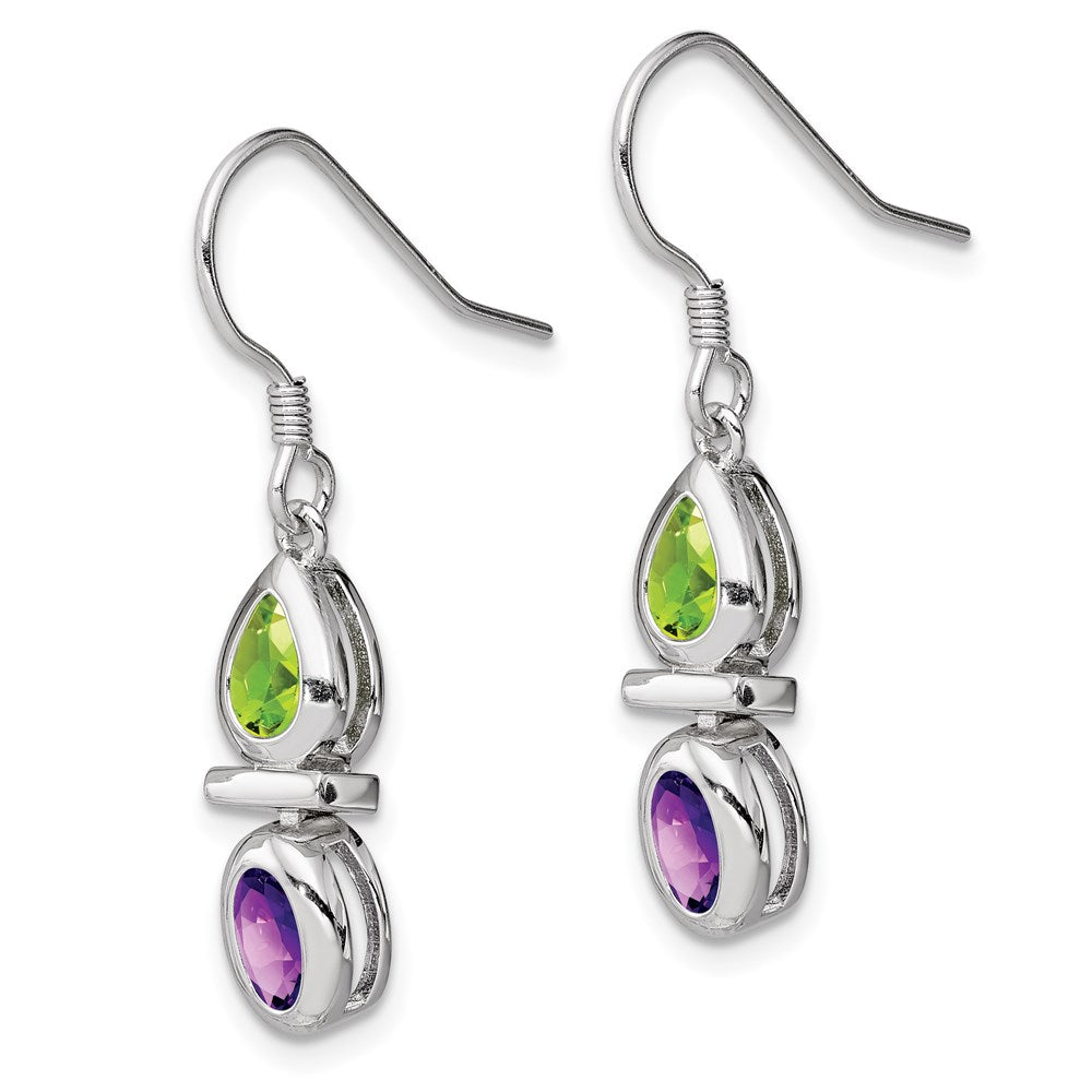 QE5234 Sterling Silver Rhodium Plated Peridot and Amethyst Dangle Earrings