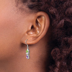 QE5234 Sterling Silver Rhodium Plated Peridot and Amethyst Dangle Earrings