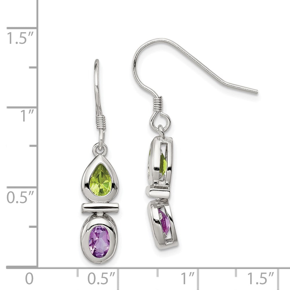 QE5234 Sterling Silver Rhodium Plated Peridot and Amethyst Dangle Earrings