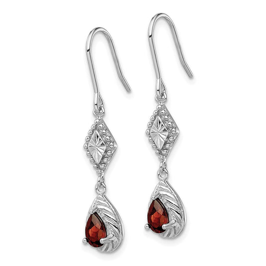 QE5268 Sterling Silver Rhodium-plated Polished Diamond-cut & Textured Red CZ Teardrop Dangle Earrings