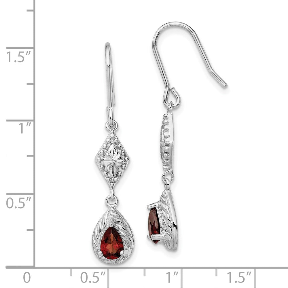 QE5268 Sterling Silver Rhodium-plated Polished Diamond-cut & Textured Red CZ Teardrop Dangle Earrings