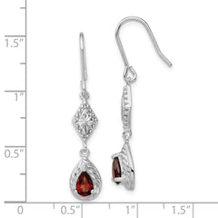 QE5268 Sterling Silver Rhodium-plated Polished Diamond-cut & Textured Red CZ Teardrop Dangle Earrings