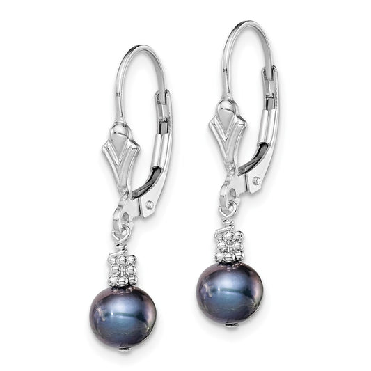 QE5400 Sterling Silver Rhodium-plated 6-7mm Black Near-Round Freshwater Cultured Pearl Leverback Dangle Earrings