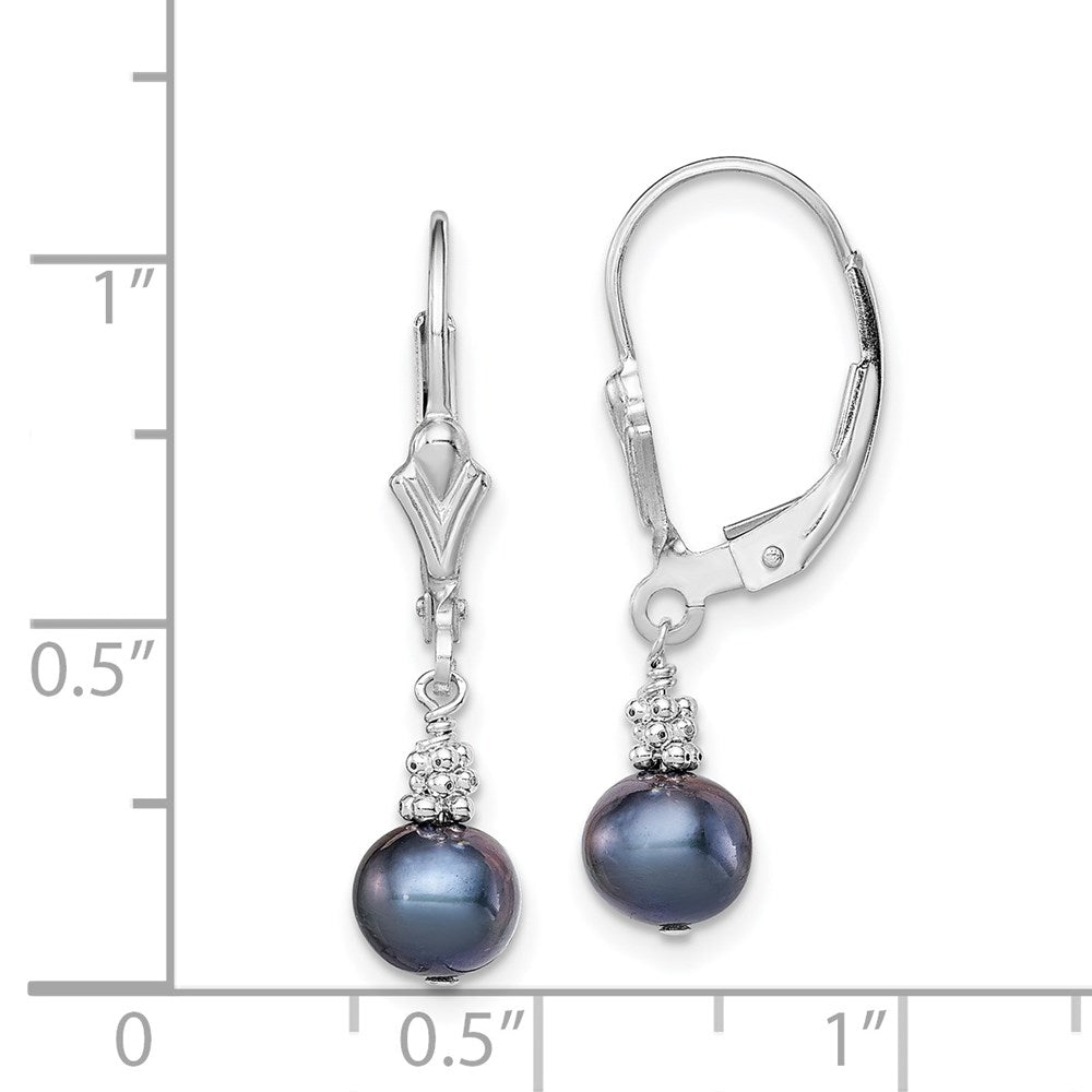 QE5400 Sterling Silver Rhodium-plated 6-7mm Black Near-Round Freshwater Cultured Pearl Leverback Dangle Earrings