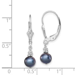 QE5400 Sterling Silver Rhodium-plated 6-7mm Black Near-Round Freshwater Cultured Pearl Leverback Dangle Earrings