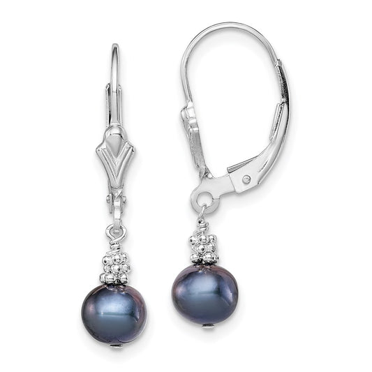 QE5400 Sterling Silver Rhodium-plated 6-7mm Black Near-Round Freshwater Cultured Pearl Leverback Dangle Earrings