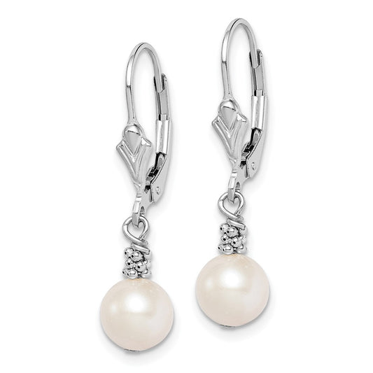 QE5403 Sterling Silver Rhodium-plated Beaded 6-7mm White Near-Round Freshwater Cultured Pearl Leverback Dangle Earrings