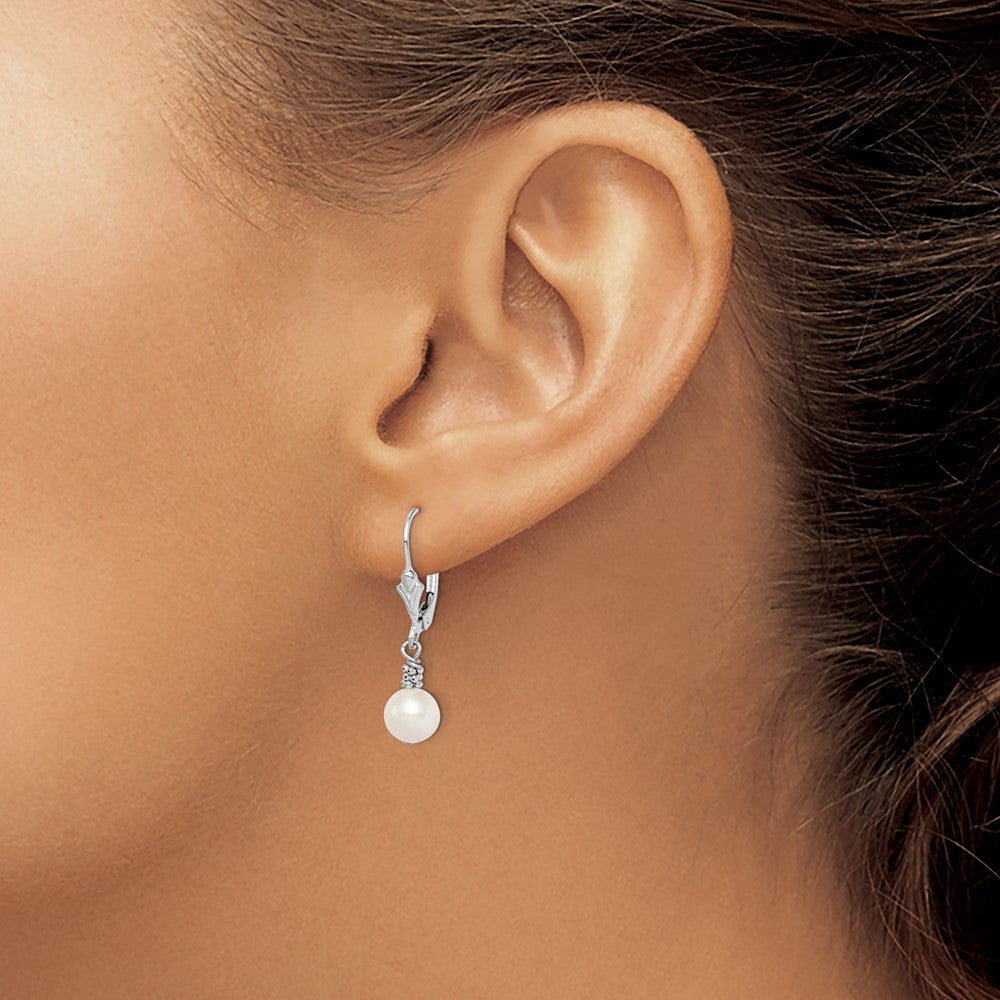 QE5403 Sterling Silver Rhodium-plated Beaded 6-7mm White Near-Round Freshwater Cultured Pearl Leverback Dangle Earrings