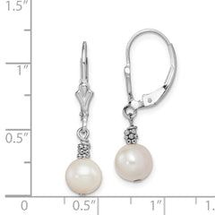QE5403 Sterling Silver Rhodium-plated Beaded 6-7mm White Near-Round Freshwater Cultured Pearl Leverback Dangle Earrings