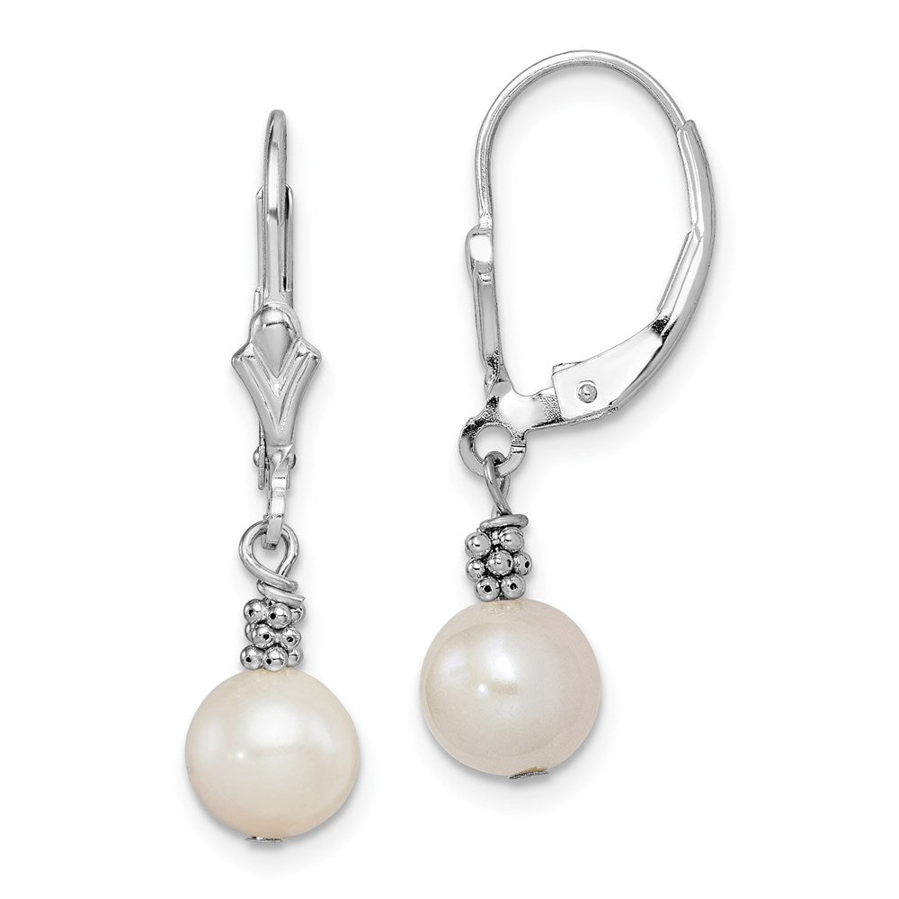 QE5403 Sterling Silver Rhodium-plated Beaded 6-7mm White Near-Round Freshwater Cultured Pearl Leverback Dangle Earrings
