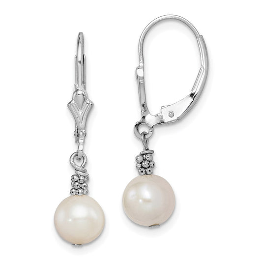 QE5403 Sterling Silver Rhodium-plated Beaded 6-7mm White Near-Round Freshwater Cultured Pearl Leverback Dangle Earrings