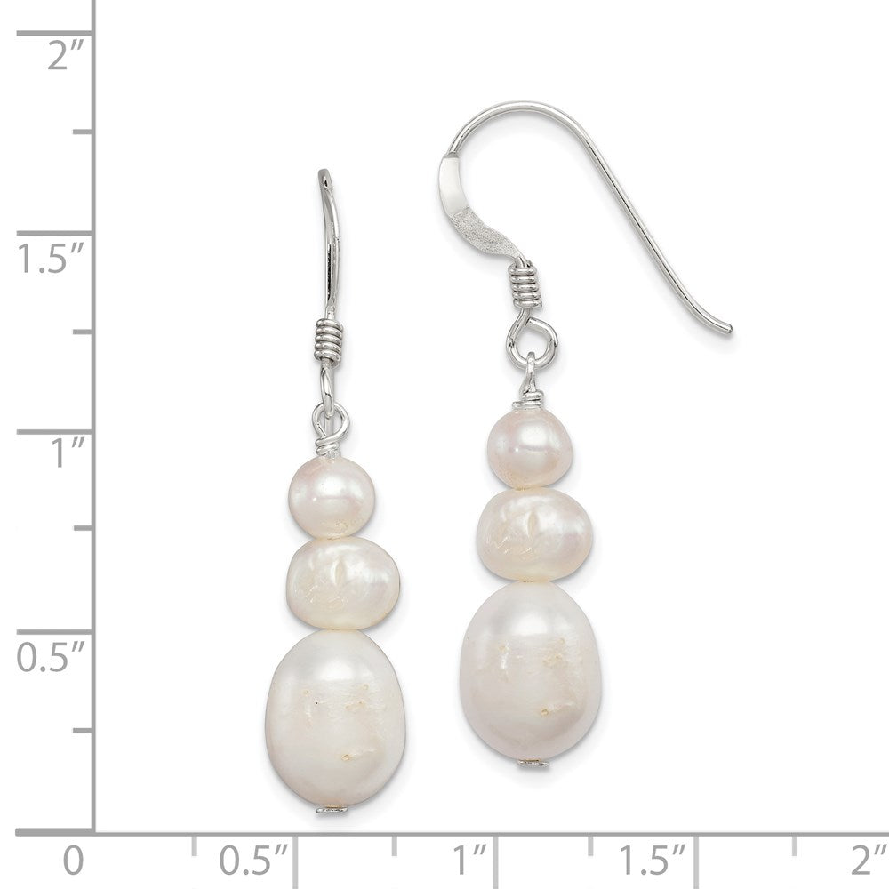 QE5422 Sterling Silver Polished White 6-10mm Freshwater Cultured Pearl Dangle Earrings