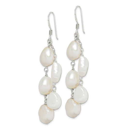QE5424 Sterling Silver Polished White 8-10mm Baroque Freshwater Cultured Pearl Two-Strand Dangle Earrings