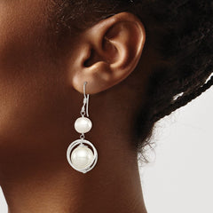 QE5428 Sterling Silver Polished & Textured White 8-9mm Freshwater Cultured Pearl & 11-12mm Shell Pearl Dangle Earrings