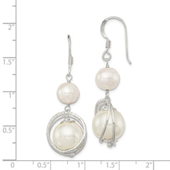 QE5428 Sterling Silver Polished & Textured White 8-9mm Freshwater Cultured Pearl & 11-12mm Shell Pearl Dangle Earrings