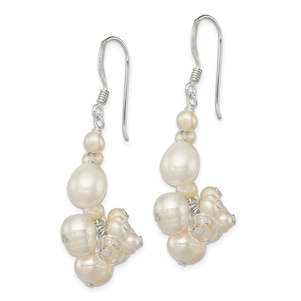 QE5442 Sterling Silver Polished White Freshwater Cultured Pearl & Crystal Cluster Dangle Earrings