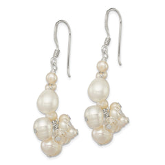 QE5442 Sterling Silver Polished White Freshwater Cultured Pearl & Crystal Cluster Dangle Earrings