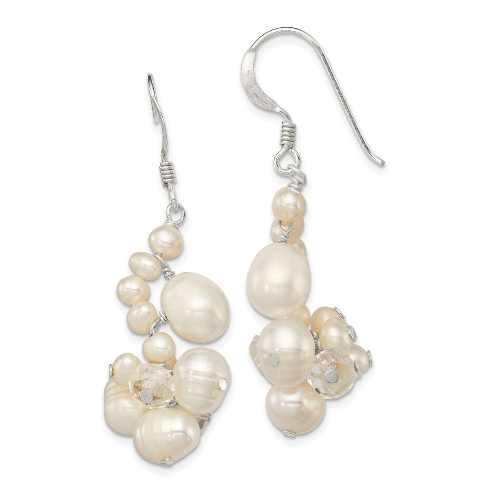 QE5442 Sterling Silver Polished White Freshwater Cultured Pearl & Crystal Cluster Dangle Earrings