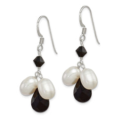 QE5466 Sterling Silver Polished FWC Pearl / Black Crystal / Onyx Dangle Earrings