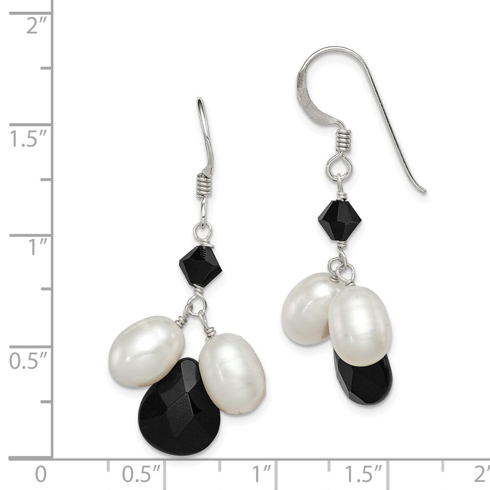 QE5466 Sterling Silver Polished FWC Pearl / Black Crystal / Onyx Dangle Earrings