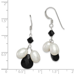 QE5466 Sterling Silver Polished FWC Pearl / Black Crystal / Onyx Dangle Earrings