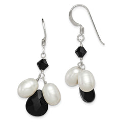 QE5466 Sterling Silver Polished FWC Pearl / Black Crystal / Onyx Dangle Earrings