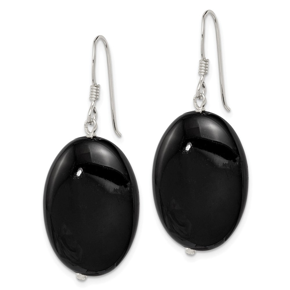 QE5468 Sterling Silver Polished Black Agate Oval Dangle Earrings