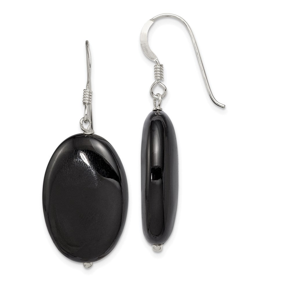QE5468 Sterling Silver Polished Black Agate Oval Dangle Earrings