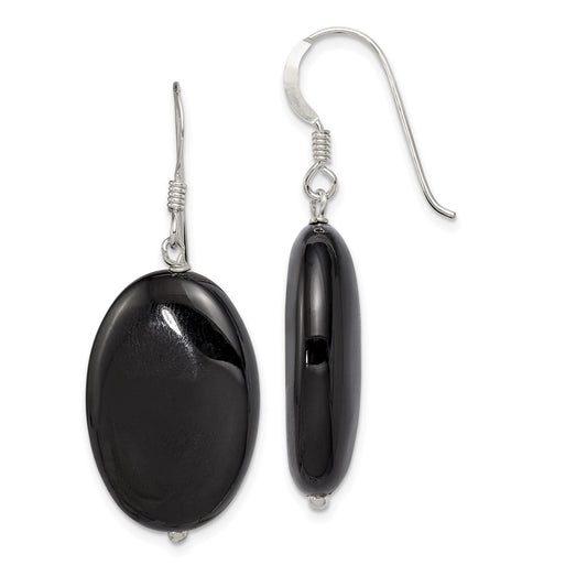 QE5468 Sterling Silver Polished Black Agate Oval Dangle Earrings