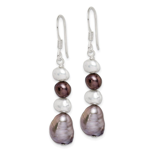 QE5531 Sterling Silver Polished Black, White and Grey 6-9mm Freshwater Cultured Pearl Dangle Earrings