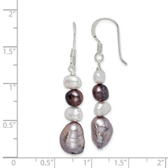 QE5531 Sterling Silver Polished Black, White and Grey 6-9mm Freshwater Cultured Pearl Dangle Earrings