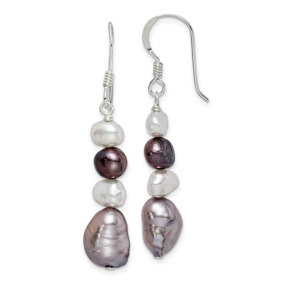 QE5531 Sterling Silver Polished Black, White and Grey 6-9mm Freshwater Cultured Pearl Dangle Earrings