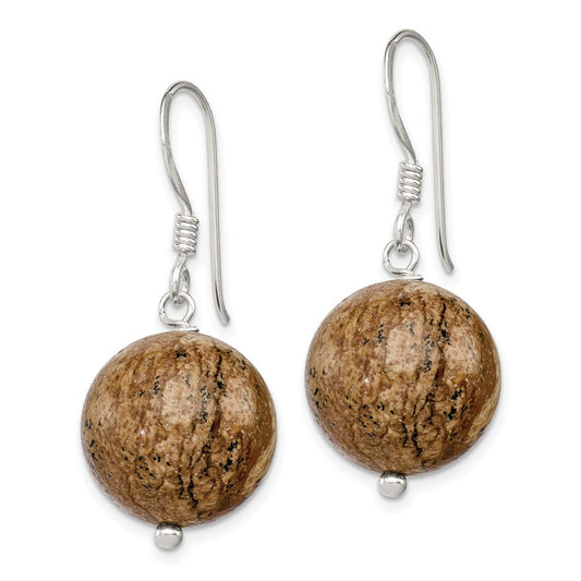 QE5865 Sterling Silver Polished 14mm Round Picture Jasper Dangle Earrings