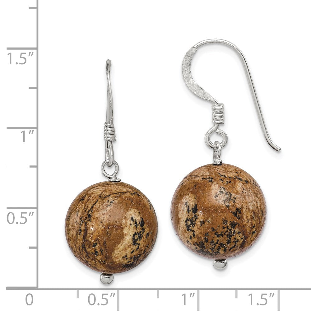 QE5865 Sterling Silver Polished 14mm Round Picture Jasper Dangle Earrings